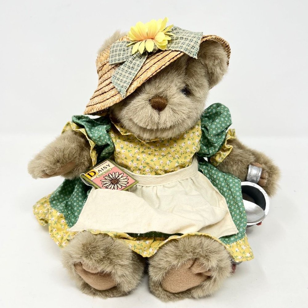 Vtg Russ Teddy Bear Magnolia Garden Straw Hat Watering Can Daisy 11" Collectible